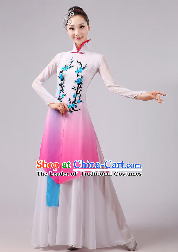 Traditional Chinese Folk Dance Costume Yangge Dance Embroidery Plum Blossom Uniform, Chinese Classical Fan Dance Umbrella Dance Yangko Pink Clothing for Women