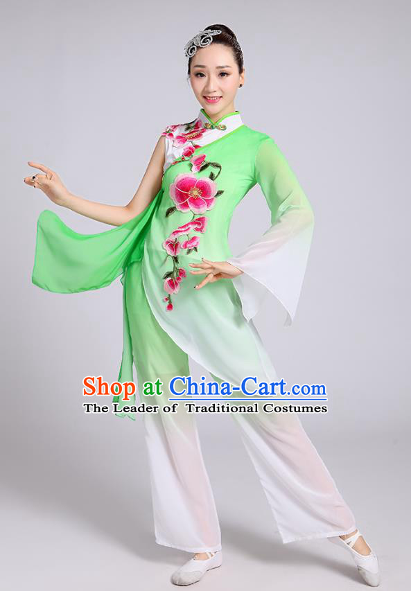 Traditional Chinese Classical Dance Yangge Fan Dance Costume, Chinese Classical Umbrella Dance Green Uniform Yangko Embroidery Clothing for Women