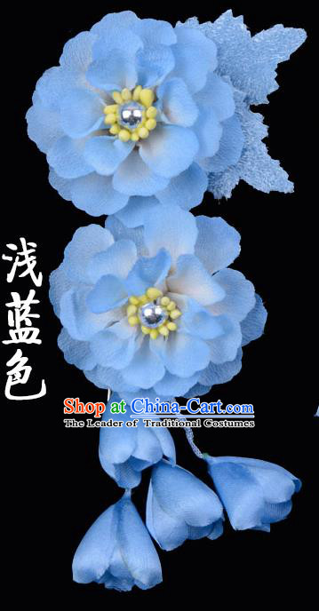 Traditional Beijing Opera Diva Hair Accessories Blue Silk Flowers Hairpins, Ancient Chinese Peking Opera Hua Tan Hair Stick Headwear