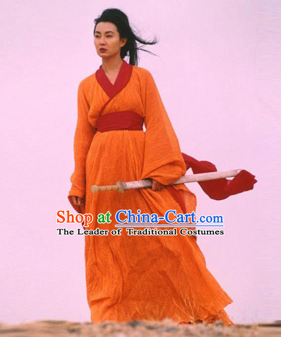 Traditional Chinese Ancient Female Swordsman Costume, Chinese Qin Dynasty Kawaler Hanfu Orange Dress Clothing for Women