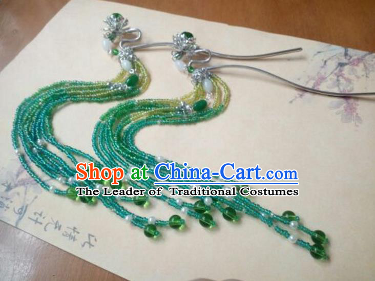 Traditional Chinese Ancient Classical Handmade Hair Accessories Barrettes Princess Green Palace Tassel Hairpin, Hanfu Step Shake Hair Fascinators Hairpins for Women