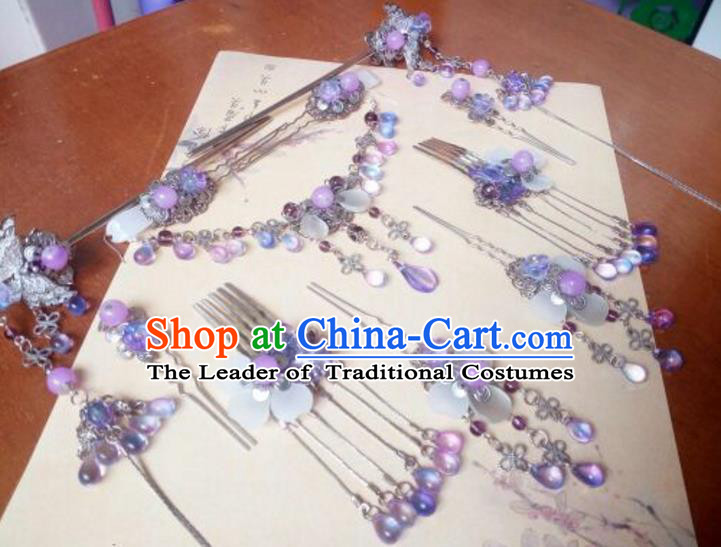 Traditional Chinese Ancient Classical Handmade Hair Accessories Complete Set Princess Purple Grass Tassel Hair Comb, Hanfu Step Shake Hair Fascinators Hairpins for Women