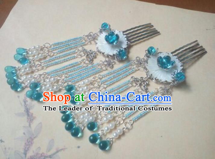 Traditional Chinese Ancient Classical Handmade Hair Accessories Blue Beads Tassel Hair Comb, Hanfu Hair Stick Hair Fascinators Hairpins for Women