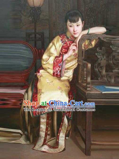 Traditional Ancient Chinese Republic of China Peeresses Costume Yellow Xiuhe Suit, Elegant Hanfu Clothing Chinese Qing Dynasty Nobility Dowager Clothing for Women