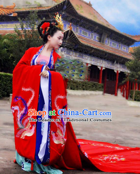 Traditional Ancient Chinese Imperial Empress Wedding Costume, Elegant Hanfu Clothing Chinese Tang Dynasty Queen Embroidered Red Clothing