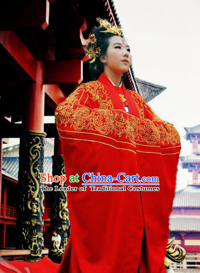 Traditional Ancient Chinese Imperial Empress Wedding Red Costume Complete Set, Elegant Hanfu Clothing Chinese Ming Dynasty Imperial Concubine Embroidered Clothing