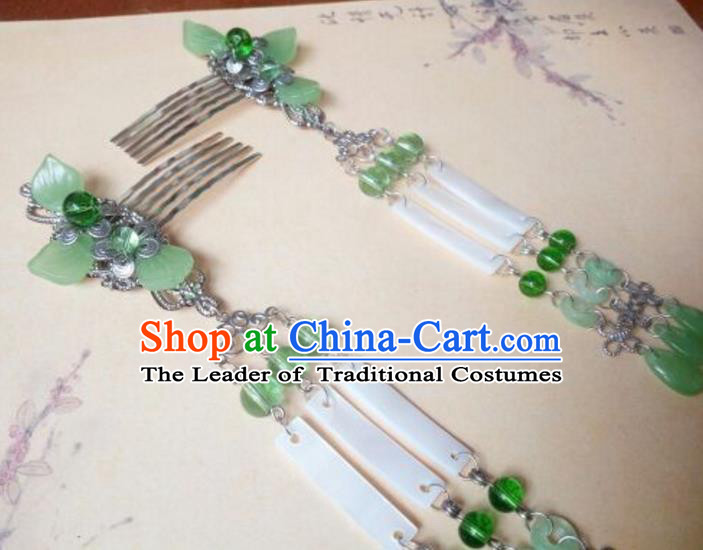 Traditional Chinese Ancient Classical Handmade Palace Princess Green Jade Hair Comb Hair Accessories, Hanfu Tassel Hair Stick Hair Fascinators Hairpins for Women