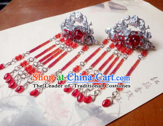 Traditional Chinese Ancient Classical Handmade Palace Princess Hair Claw Hair Accessories, Hanfu Red Bead Tassel Step Shake Hair Stick Hair Fascinators Hairpins for Women