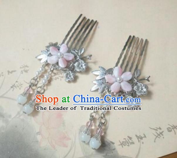 Traditional Handmade Chinese Ancient Classical Palace Lady Hair Accessories Tassel Hair Comb, Hair Fascinators Pink Hairpins for Women