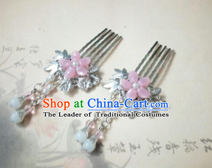 Traditional Handmade Chinese Ancient Classical Palace Lady Hair Accessories Pink Tassel Hair Comb, Hair Fascinators Hairpins for Women