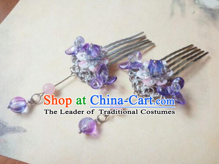 Traditional Handmade Chinese Ancient Classical Hanfu Hair Accessories Step Shake, Princess Purple Hairpins Hair Comb Headwear for Women