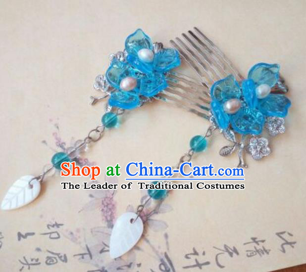 Traditional Handmade Chinese Ancient Classical Hanfu Hair Accessories Hair Comb, Princess Hairpins Blue Step Shake Headwear for Women