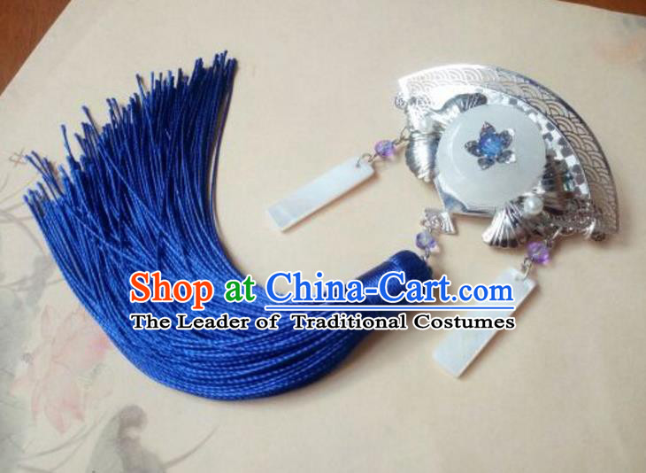 Traditional Handmade Chinese Ancient Classical Hanfu Hair Accessories Fan Jade Hair Claw, Princess Palace Lady Blue Tassel Step Shake Hairpins Headwear for Women