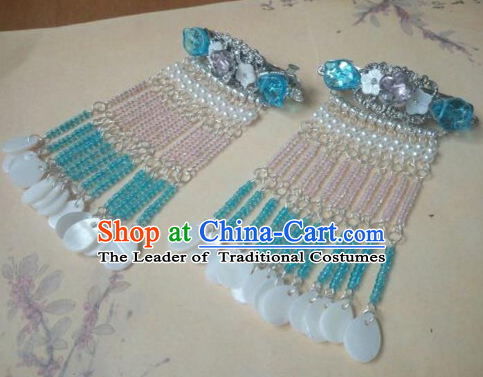 Traditional Handmade Chinese Ancient Classical Palace Lady Hair Accessories Hairpins Blue Beads Tassel Hair Claw for Women