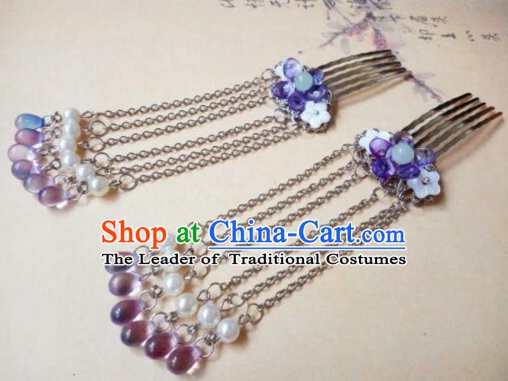 Traditional Handmade Chinese Ancient Classical Hair Accessories Purple Tassel Hair Comb for Women