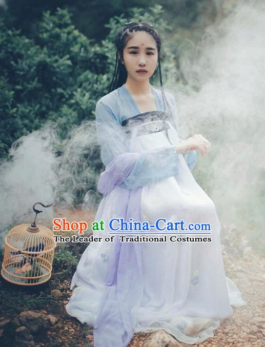 Traditional Chinese Tang Dynasty Young Lady Fairy Costume Blouse and Embroidery Slip Skirt, Elegant Hanfu Clothing Chinese Ancient Princess Clothing for Women