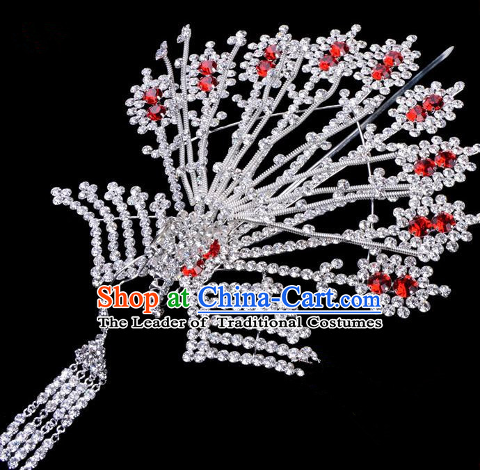 Traditional Beijing Opera Diva Hair Accessories Red Crystal Phoenix Hairpins, Ancient Chinese Peking Opera Hua Tan Tassel Step Shake Hair Stick Headwear