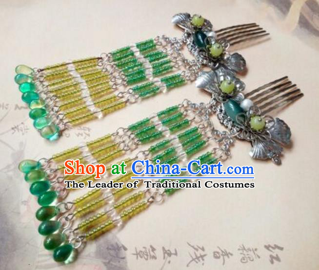 Traditional Handmade Chinese Ancient Classical Hanfu Hair Accessories Green Beads Tassel Hair Comb, Princess Palace Lady Hairpins Hair Stick for Women