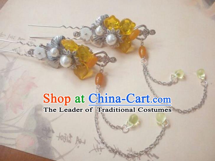 Traditional Handmade Chinese Ancient Classical Hanfu Hair Accessories Tassel Step Shake, Princess Palace Lady Yellow Hairpins Hair Stick for Women