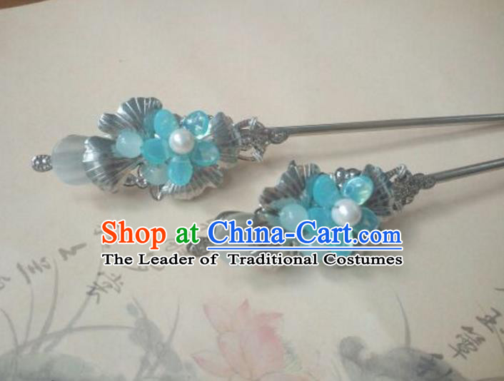 Traditional Handmade Chinese Ancient Classical Hanfu Hair Accessories Princess Palace Lady Blue Flower Hairpins Hair Stick for Women