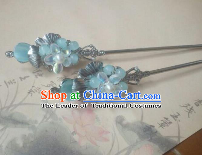 Traditional Handmade Chinese Ancient Classical Hanfu Hair Accessories Princess Palace Lady Blue Flower Hairpins Hair Stick for Women