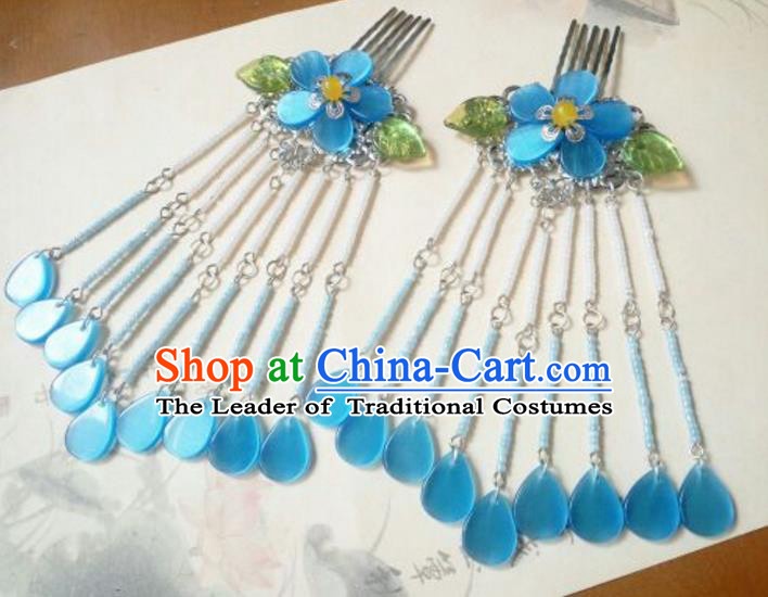 Traditional Handmade Chinese Ancient Classical Hanfu Hair Accessories Blue Hair Comb, Princess Palace Lady Tassel Hairpins for Women