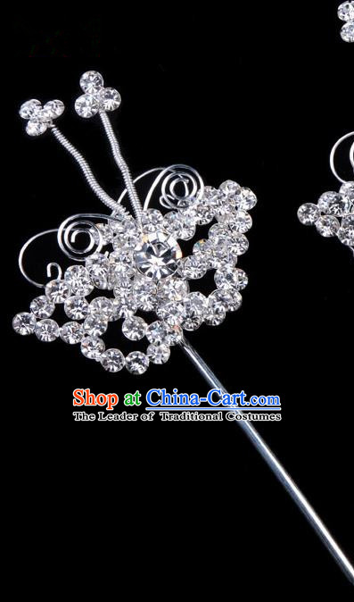 Traditional Beijing Opera Diva Hair Accessories Crystal Butterfly Head Ornaments Hairpins, Ancient Chinese Peking Opera Hua Tan Hair Stick Headwear