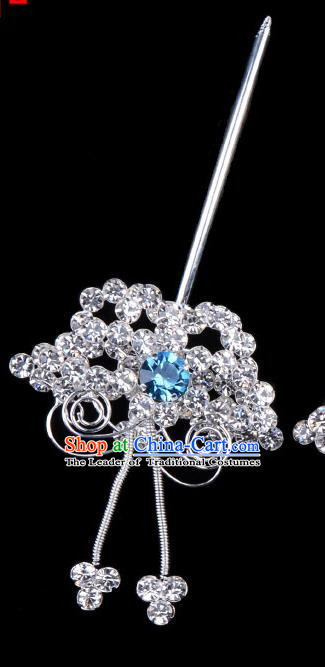 Traditional Beijing Opera Diva Hair Accessories Blue Crystal Butterfly Head Ornaments Hairpins, Ancient Chinese Peking Opera Hua Tan Hair Stick Headwear