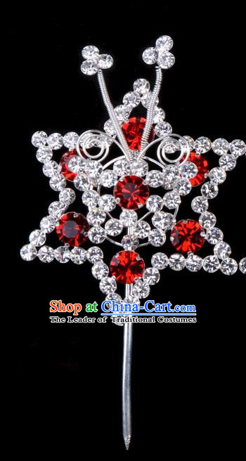 Traditional Beijing Opera Diva Hair Accessories Red Crystal Hexagon Head Ornaments Hairpins, Ancient Chinese Peking Opera Hua Tan Hair Stick Headwear