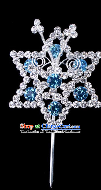 Traditional Beijing Opera Diva Hair Accessories Blue Crystal Hexagon Head Ornaments Hairpins, Ancient Chinese Peking Opera Hua Tan Hair Stick Headwear