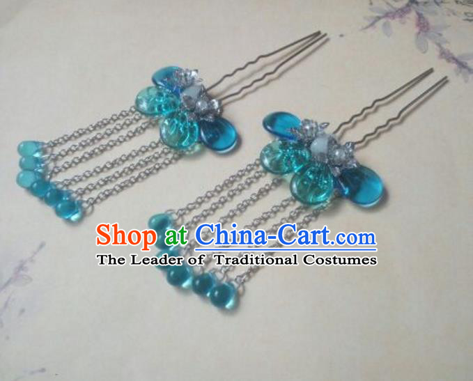 Traditional Handmade Chinese Ancient Classical Hanfu Hair Accessories Hairpins Blue Tassel Hair Comb, Princess Headpiece Palace Lady Hair Stick for Women