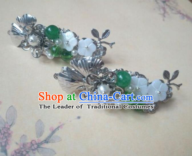 Traditional Handmade Chinese Ancient Classical Hanfu Hair Accessories Green Bead Hairpins, Princess Headpiece Hair Claw for Women