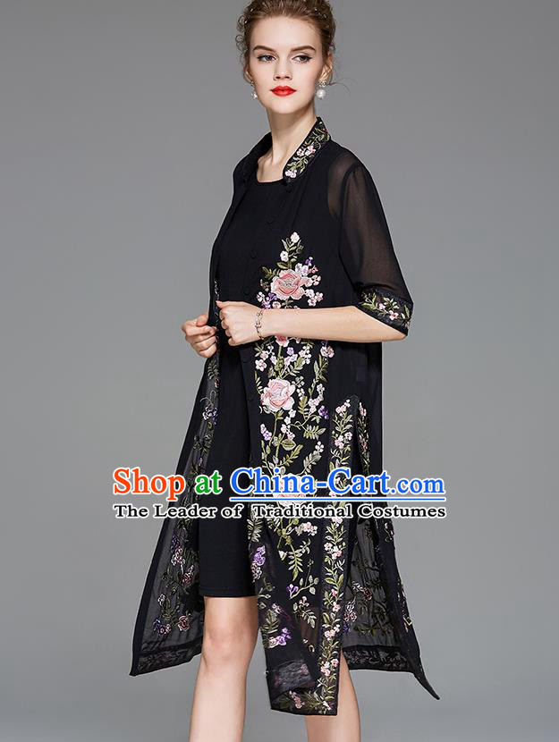 Traditional Top Grade Asian Chinese Costumes Classical Embroidery Peony Black Cardigan and Dress, China National Chirpaur Clothing Qipao for Women