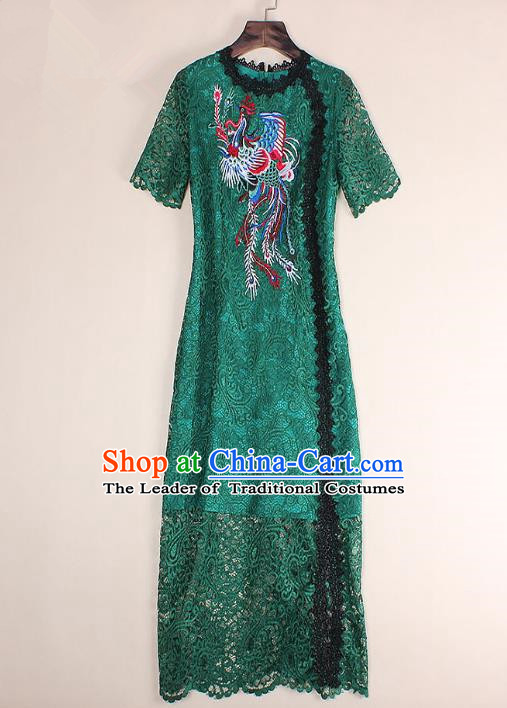 Top Grade Asian Chinese Costumes Classical Embroidery Phoenix Green Lace Dress, Traditional China National Embroidered Chirpaur Qipao for Women