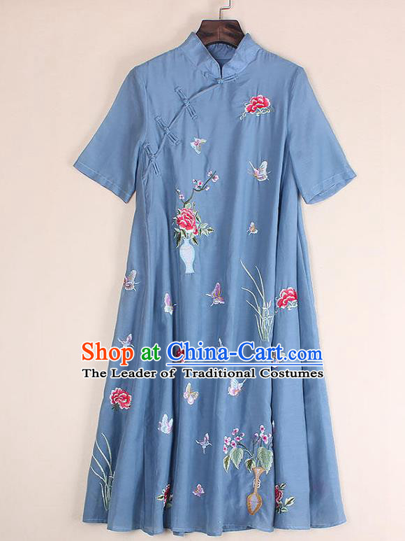 Top Grade Asian Chinese Costumes Classical Embroidery Blue Dress Silk Cheongsam, Traditional China National Embroidered Chirpaur Qipao for Women