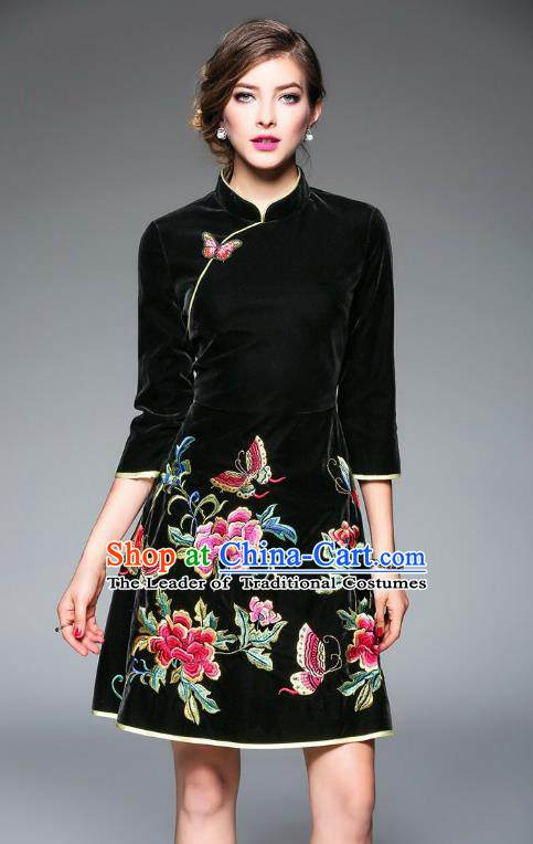 Top Grade Asian Chinese Costumes Classical Embroidery Butterfly Flowers Cheongsam, Traditional China National Middle Sleeve Chirpaur Dress Black Qipao for Women