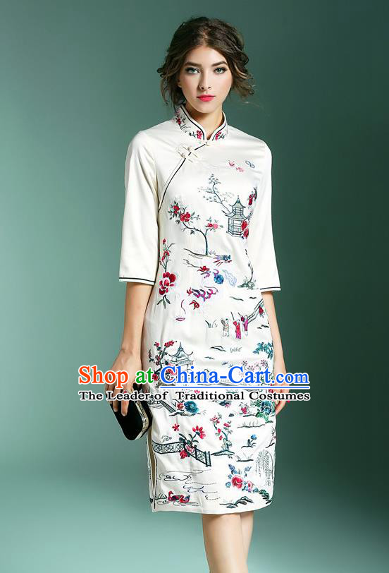 Top Grade Asian Chinese Costumes Classical Embroidery Stand Collar White Cheongsam, Traditional China National Embroidered Plated Buttons Chirpaur Qipao for Women