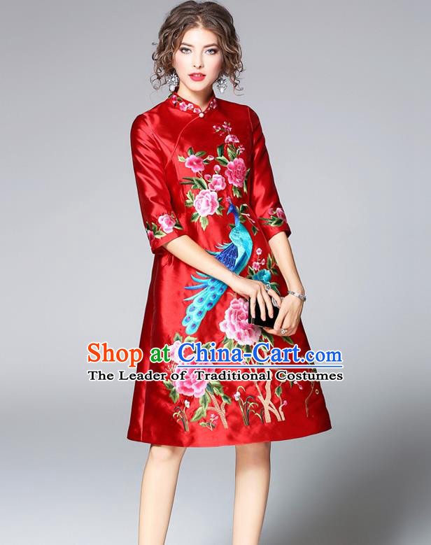 Top Grade Asian Chinese Costumes Classical Embroidery Red Satin Cheongsam, Traditional China National Embroidered Phoenix Chirpaur Clothing for Women