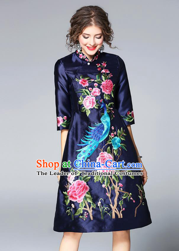 Top Grade Asian Chinese Costumes Classical Embroidery Black Satin Cheongsam, Traditional China National Embroidered Phoenix Chirpaur Clothing for Women