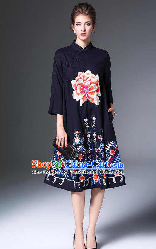 Top Grade Asian Chinese Costumes Classical Embroidery Peony Slant Opening Cheongsam, Traditional China National Navy Chirpaur Dress Qipao for Women