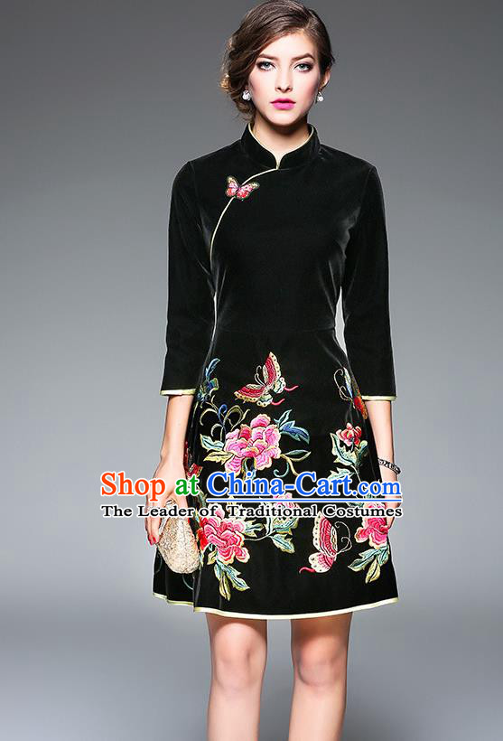 Top Grade Asian Chinese Costumes Classical Embroidery Butterfly Flowers Cheongsam, Traditional China National Black Chirpaur Dress Qipao for Women