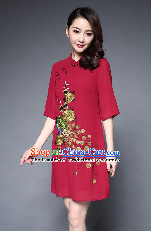 Top Grade Asian Chinese Costumes Classical Embroidery Peacock Short Red Cheongsam, Traditional China National Plated Buttons Chirpaur Dress Qipao for Women