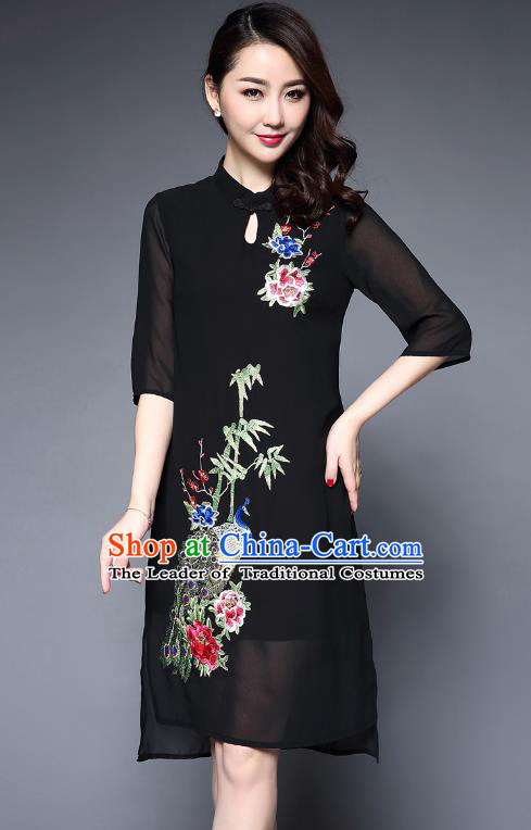 Asian Chinese Oriental Costumes Classical Embroidery Peacock Black Cheongsam, Traditional China National Tang Suit Plated Buttons Chirpaur Dress Qipao for Women