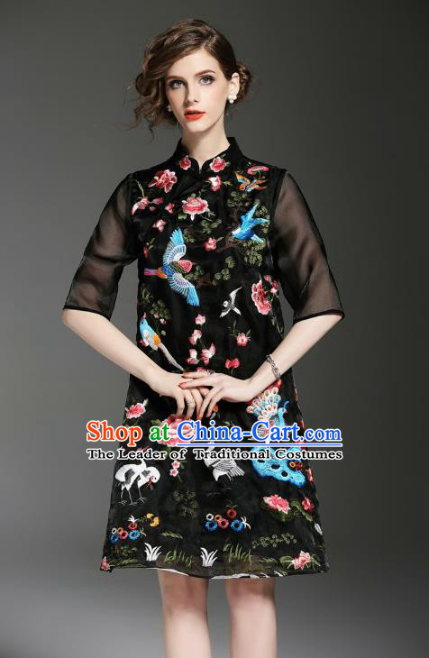 Asian Chinese Oriental Costumes Classical Embroidery Black Cheongsam, Traditional China National Tang Suit Qipao Dress for Women