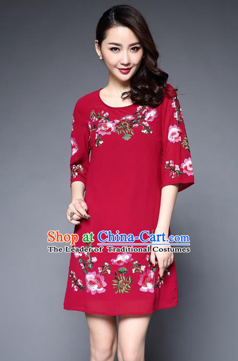 Asian Chinese Oriental Costumes Classical Embroidery Peony Chiffon Dress, Traditional China National Tang Suit Red Dress Qipao for Women