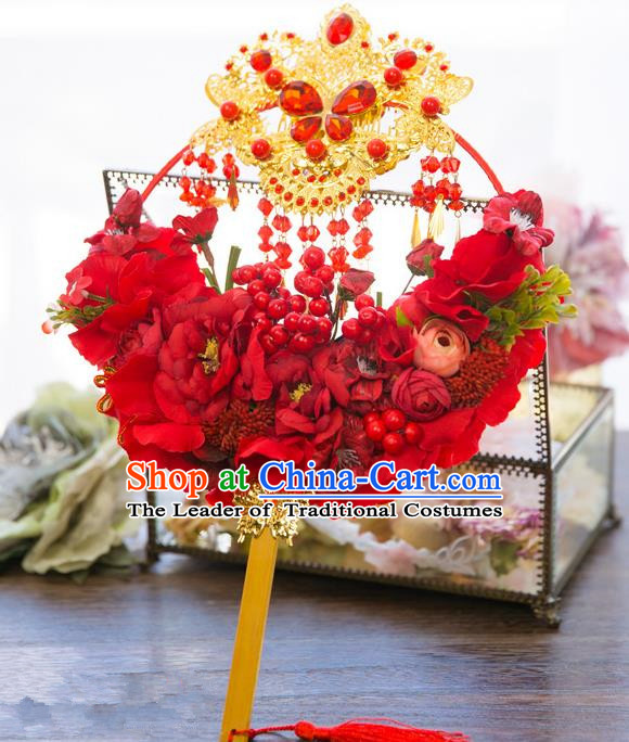 Traditional Asian Oriental Chinese Palace Lady Princess Wedding Round Fans, Bride Red Flowers Circular Fan for Women