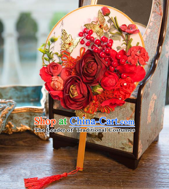 Traditional Asian Oriental Chinese Palace Lady Princess Wedding Round Fans, Bride Red Flowers Circular Fan for Women