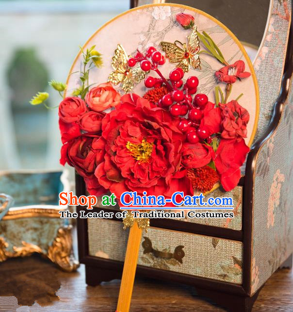 Traditional Asian Oriental Chinese Palace Lady Princess Wedding Round Fans, Bride Red Peony Flowers Circular Fan for Women