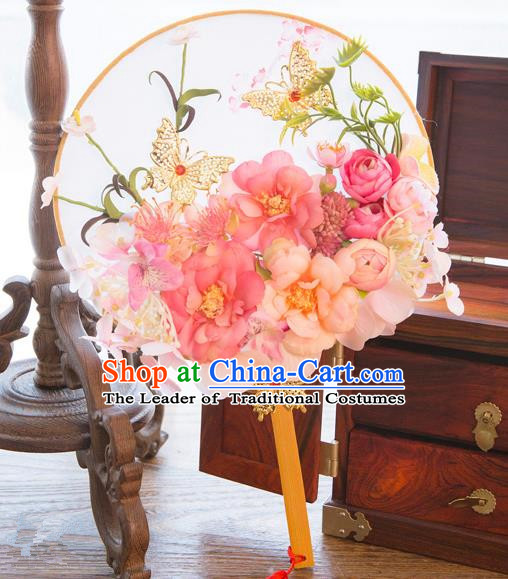 Traditional Asian Oriental Chinese Palace Lady Princess Wedding Round Fans, Bride Pink Flowers Circular Fan for Women