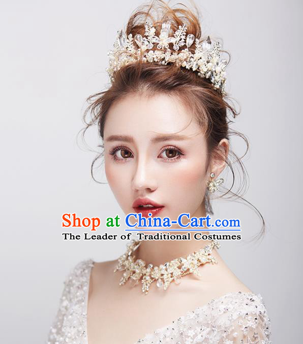 Top Grade Handmade Classical Hair Accessories Baroque Style Princess Crystal Royal Crown and Necklace Earrings Complete Set